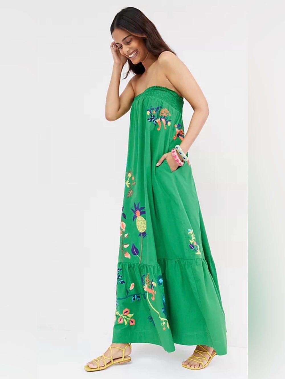 Anthropologie green floral embroidered ruffle maxi dress boho women’s size small